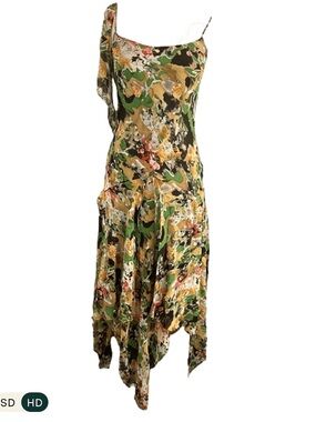 Y2K Lapis Green Silk Floral Fairy Beaded Slip Dress M